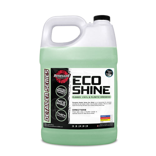 Bottle of Eco Shine Rubber, Vinyl, & Plastic Dressing for restoring and conditioning various surfaces.