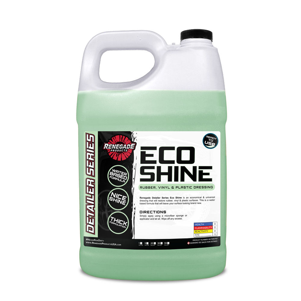 Bottle of Eco Shine Rubber, Vinyl, & Plastic Dressing for restoring and conditioning various surfaces.