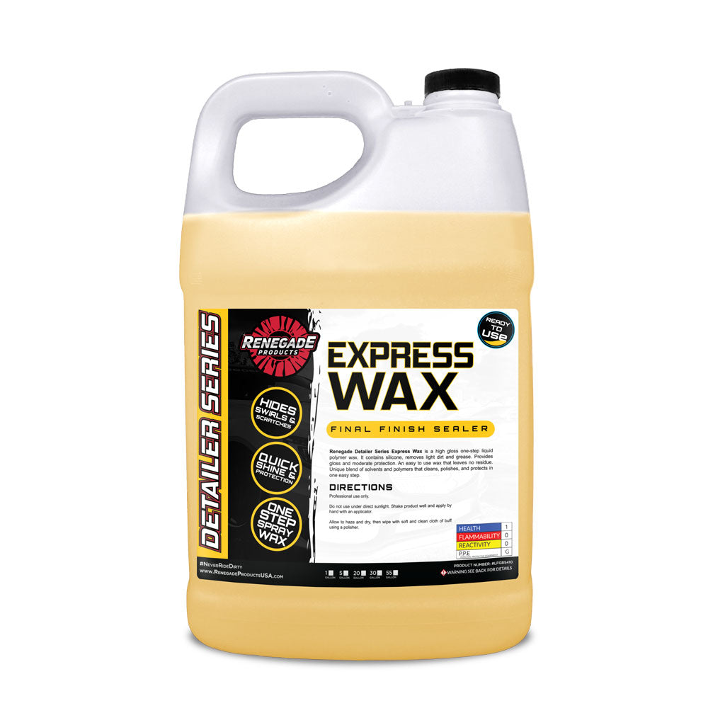 Bottle of Renegade Detailer Series Express Wax Final Finish Sealer with microfiber pads and towel.