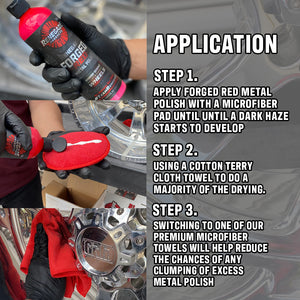 Renegade Forged Red Metal Polish bottle designed for cleaning and shining aluminum wheels, with visible ingredients list.