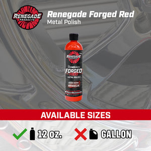 Red bottle of Renegade Forged Metal Polish designed for cleaning and protecting forged or billet aluminum wheels.