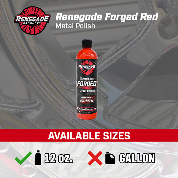 Red bottle of Renegade Forged Metal Polish designed for cleaning and protecting forged or billet aluminum wheels.