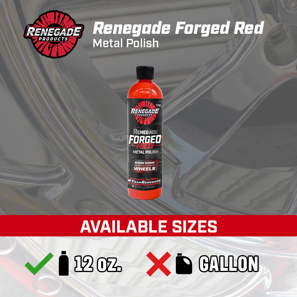 Red bottle of Renegade Forged Metal Polish designed for cleaning and protecting forged or billet aluminum wheels.