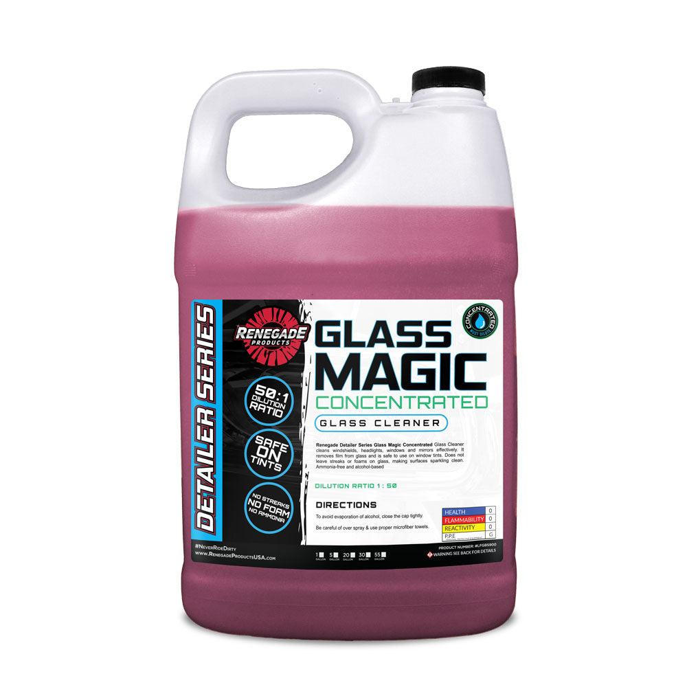 Alt text: Bottle of Glass Magic Concentrated Glass Cleaner for streak-free cleaning of windows, windshields, and mirrors, safe for tints.