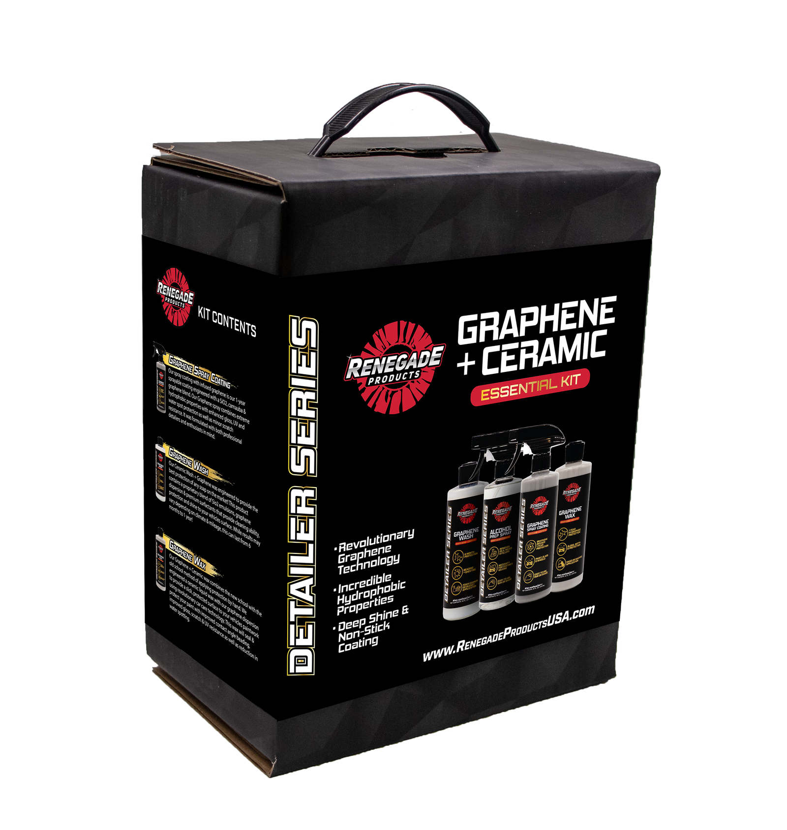 Complete Graphene + Ceramic Essential Kit for car detailing with sprays, waxes, wash, and microfiber accessories.