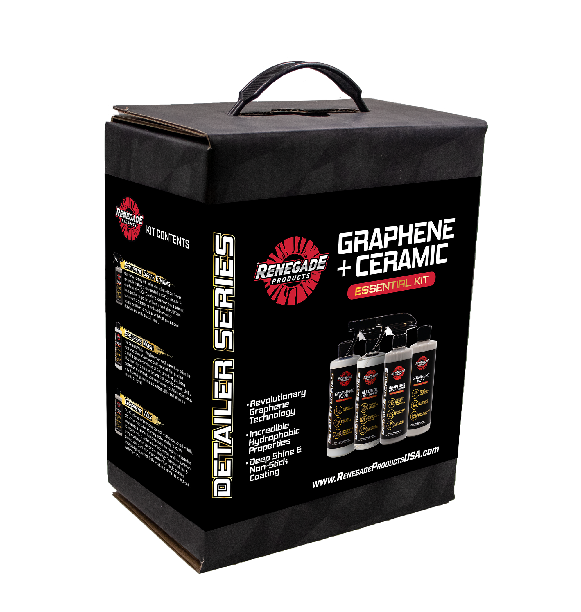 Complete Graphene + Ceramic Essential Kit for car detailing with sprays, waxes, wash, and microfiber accessories.