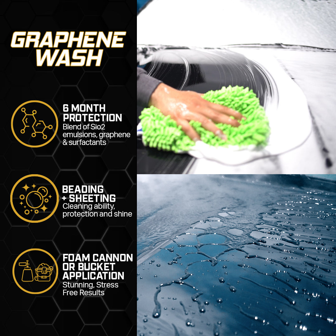 Alt text: Complete Graphene + Ceramic Essential Kit including sprays, waxes, washes, towels, and a wash mitt for advanced vehicle care and protection.