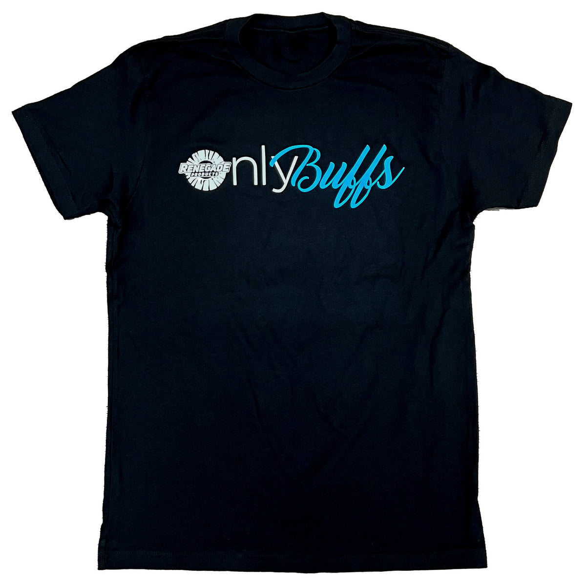 Black shirt featuring &#39;Only Buffs&#39; in white text, displayed against a stark white background
