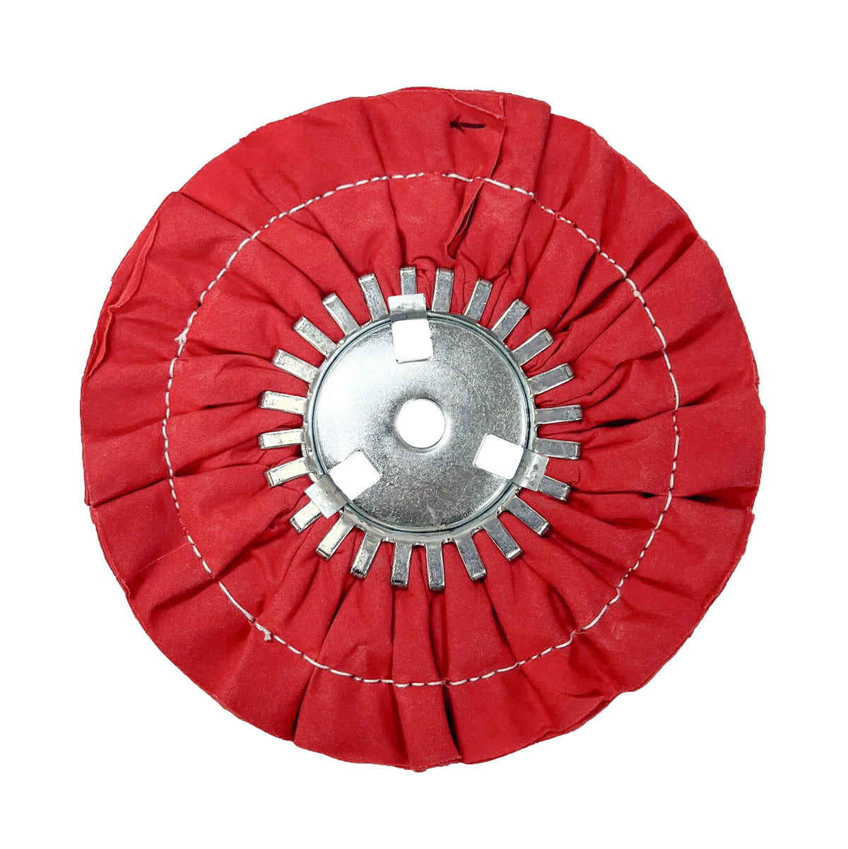 Renegade Products USA&#39;s red 9&quot; stitched airway buffing wheels with center plate, delivering professional-grade buffing and polishing performance