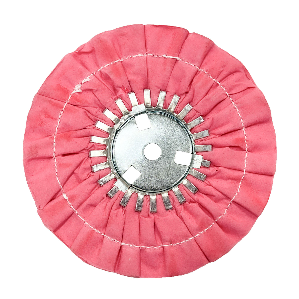 Renegade Products USA&#39;s pink 9&quot; stitched airway buffing wheels with center plate, designed for precision polishing and buffing tasks