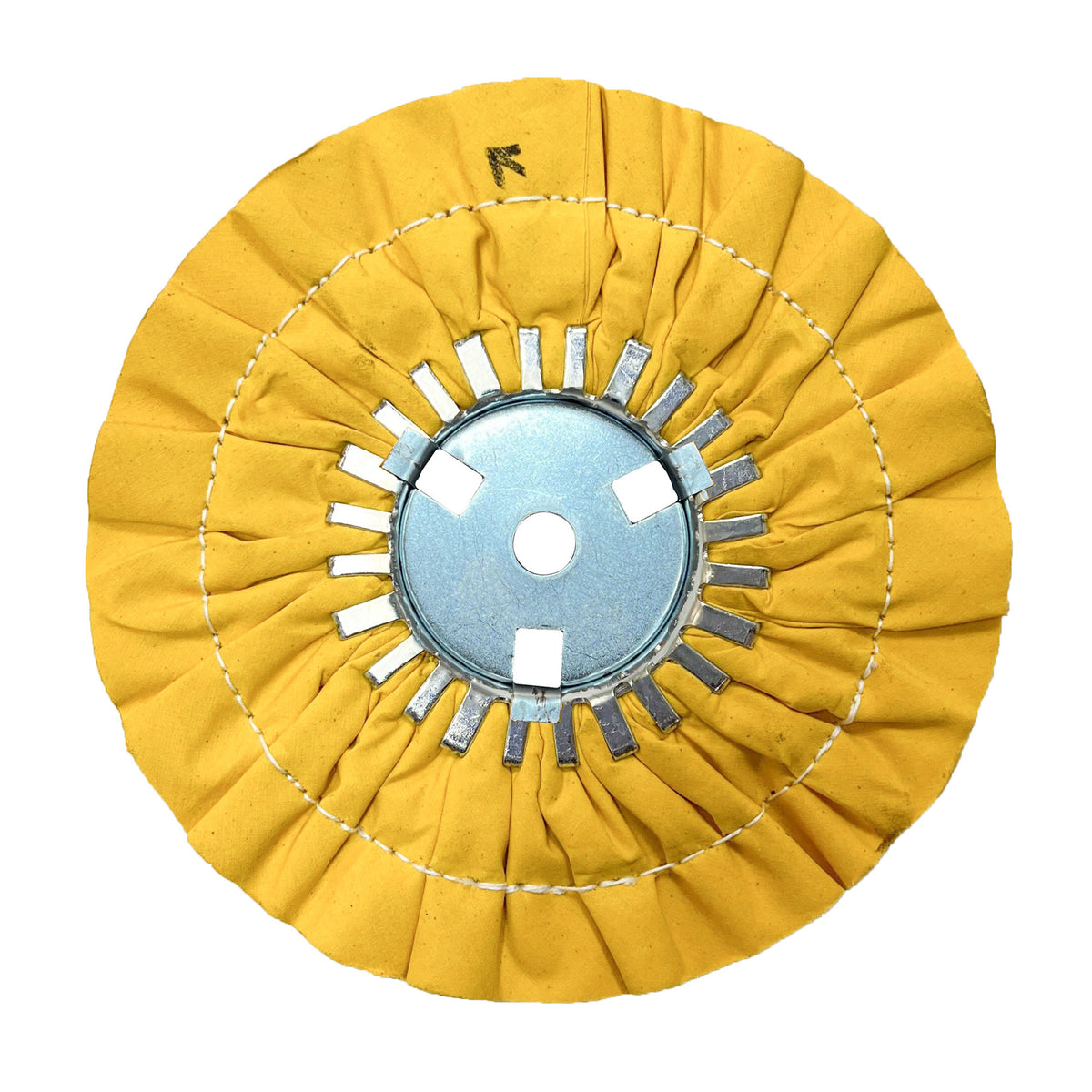 Renegade Products USA&#39;s yellow 9&quot; stitched airway buffing wheels, providing reliable and efficient buffing for a flawless finish, with center plate