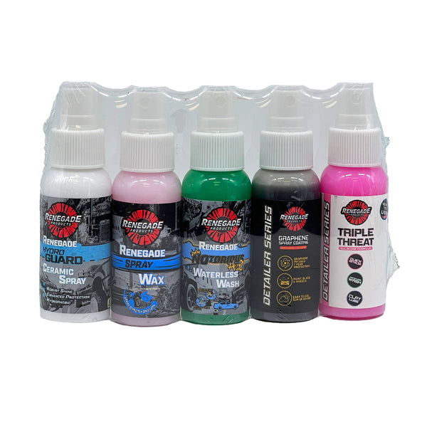 Renegade Products Sample Packs including cleaners, degreasers, metal polishes, and more in various two-ounce bottles and sample bars.