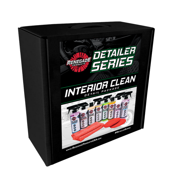 Interior Clean Package Kit with various cleaners, conditioners, shampoo, towels, and pads for vehicle care.