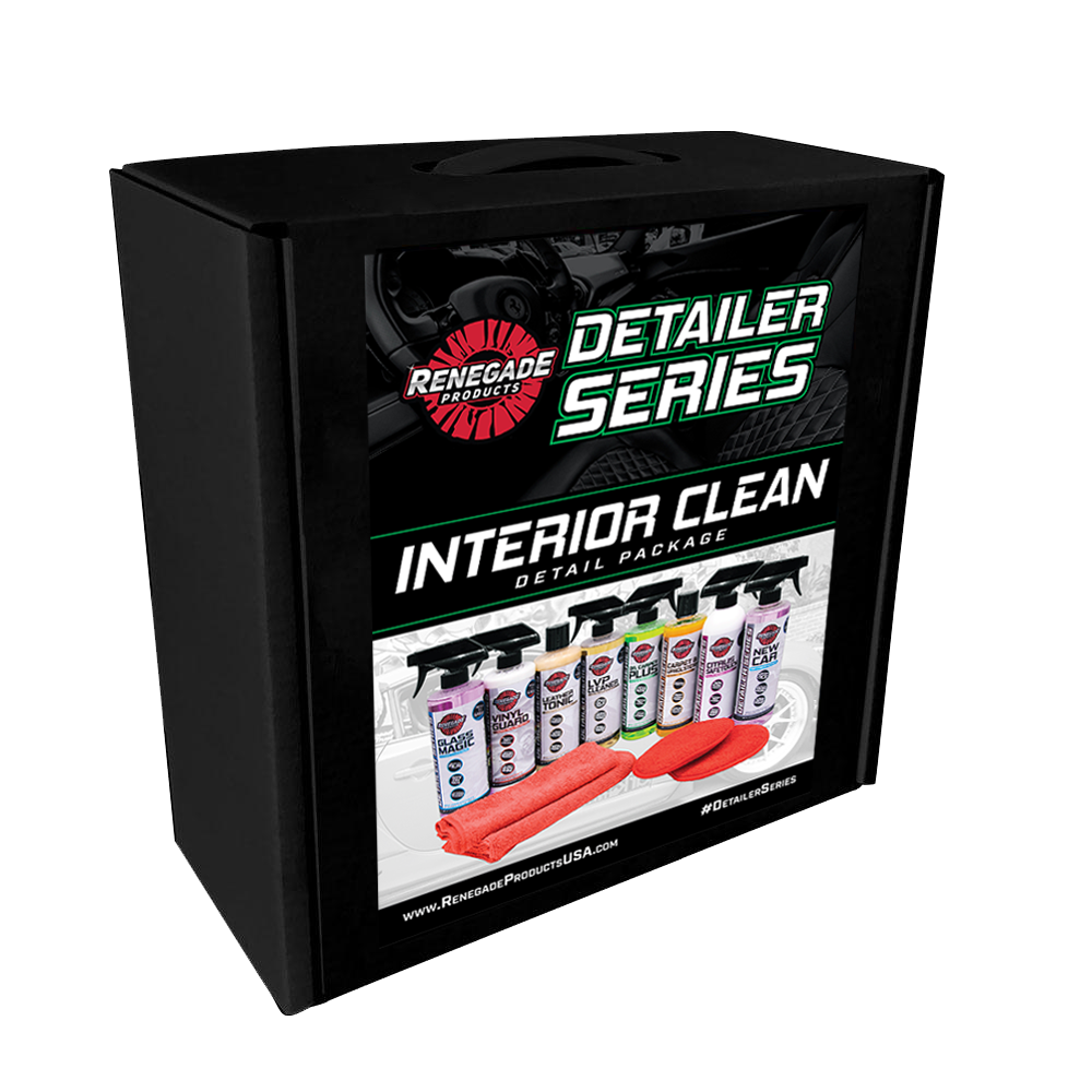 Interior Clean Package Kit with various cleaners, conditioners, shampoo, towels, and pads for vehicle care.