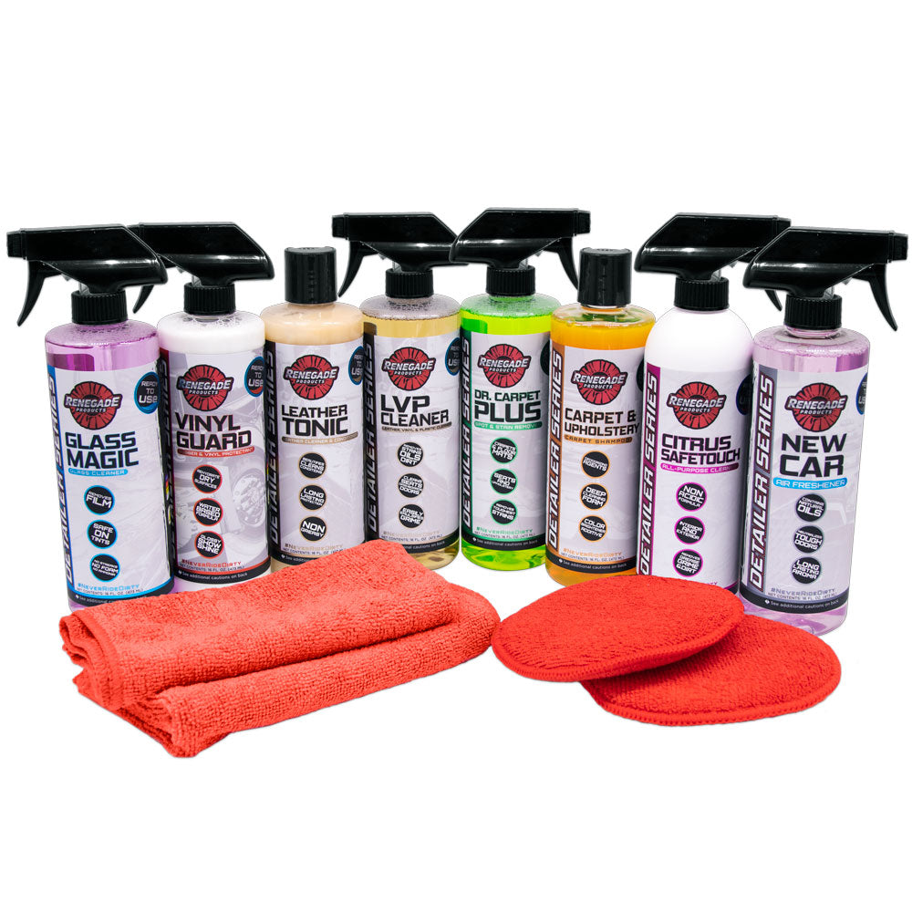 Interior Clean Package Kit with various cleaners, conditioners, shampoo, towels, and pads for vehicle care.