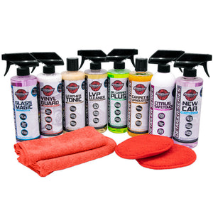 Complete Interior Clean Package Kit with various cleaners, conditioners, towels, and pads for car care.