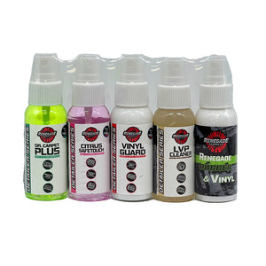 Assorted Renegade Products Sample Packs including cleaners, polishes, and conditioners in various compact sizes.