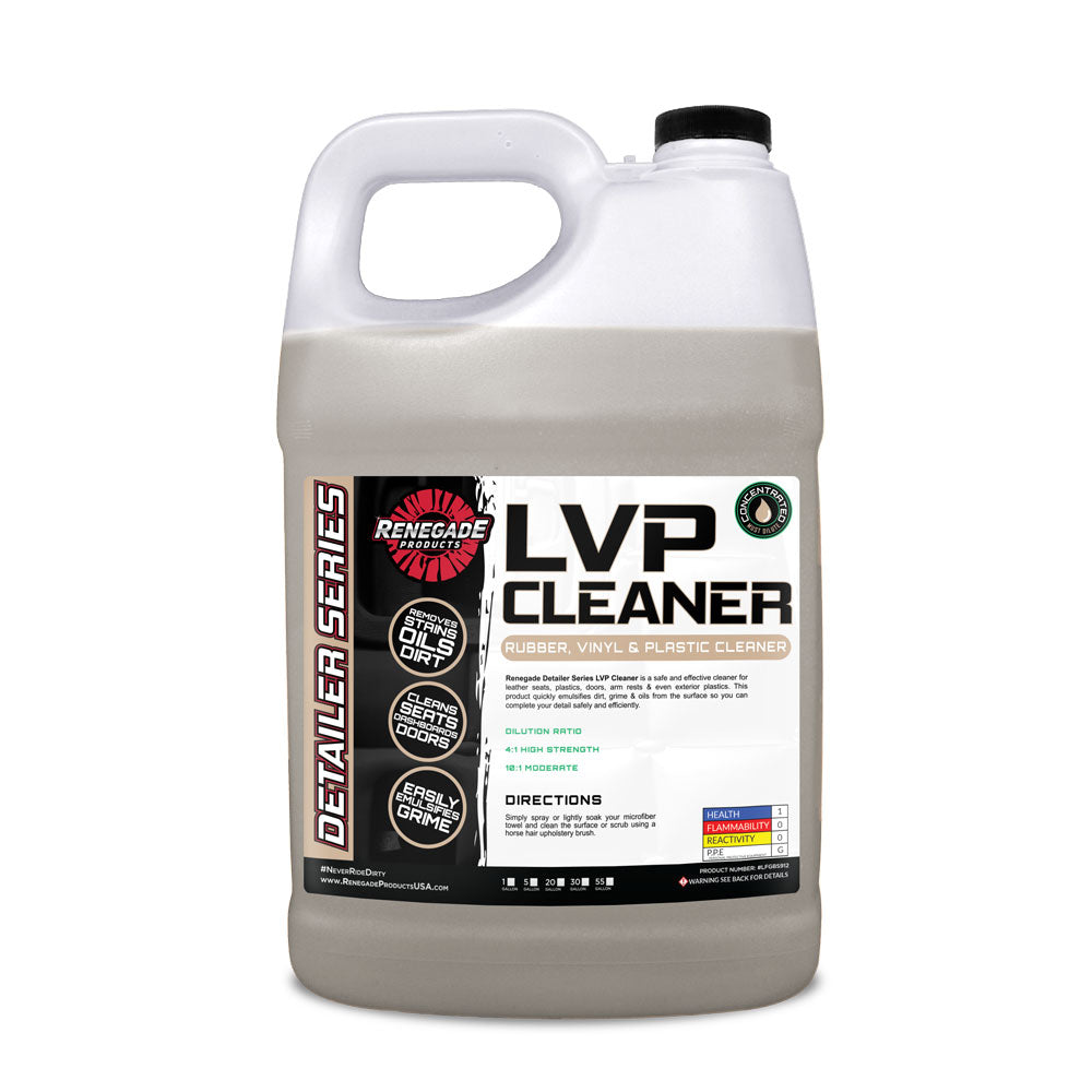 Alt text: Bottle of Renegade LVP Leather, Vinyl, &amp; Plastic Cleaner next to a microfiber towel and horse hair brush.