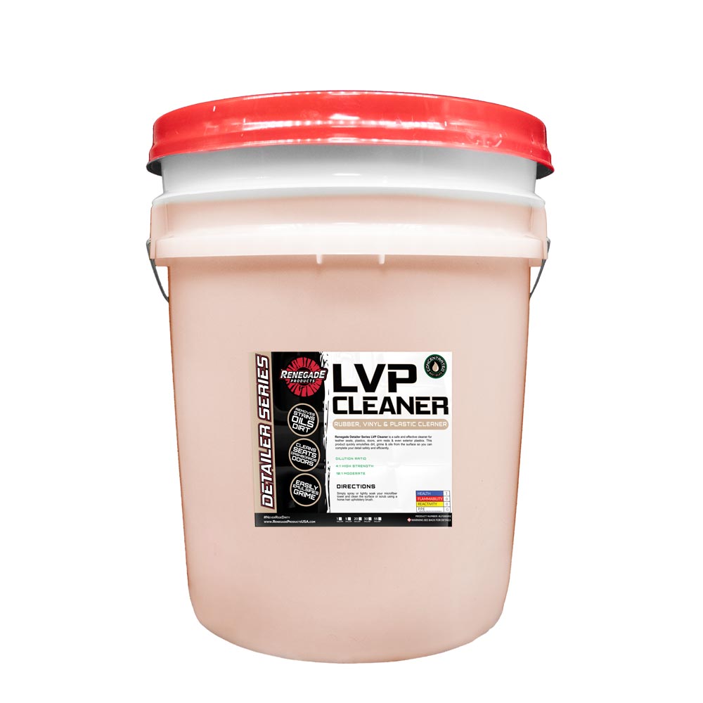 Bottle of Renegade LVP Leather, Vinyl, &amp; Plastic Cleaner with microfiber towel and brush on clean surface.
