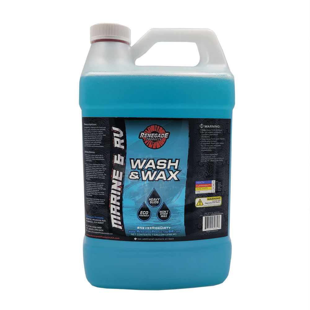 Bottle of Renegade Marine &amp; RV Wash &amp; Wax with foam cannon and microfiber towel accessories.