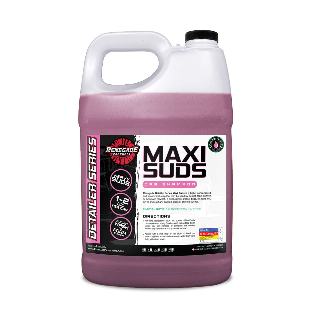 Alt text: Bottle of Maxi Suds Car Shampoo from Renegade Detailer Series, perfect for use with foam cannons and hose guns.