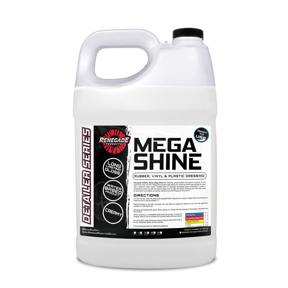 Bottle of Mega Shine Rubber, Vinyl, & Plastic Dressing with microfiber towel and tire background.