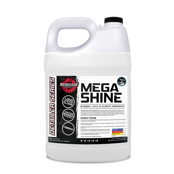 Bottle of Mega Shine Rubber, Vinyl, & Plastic Dressing with microfiber pads and towel on a workbench.