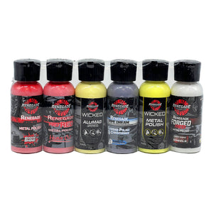 Assorted Renegade Products Sample Packs showcasing a variety of cleaners, polishes, and compounds for auto care.