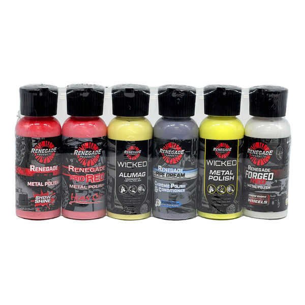 Assorted Renegade Products Sample Packs showcasing a variety of cleaners, polishes, and compounds for auto care.