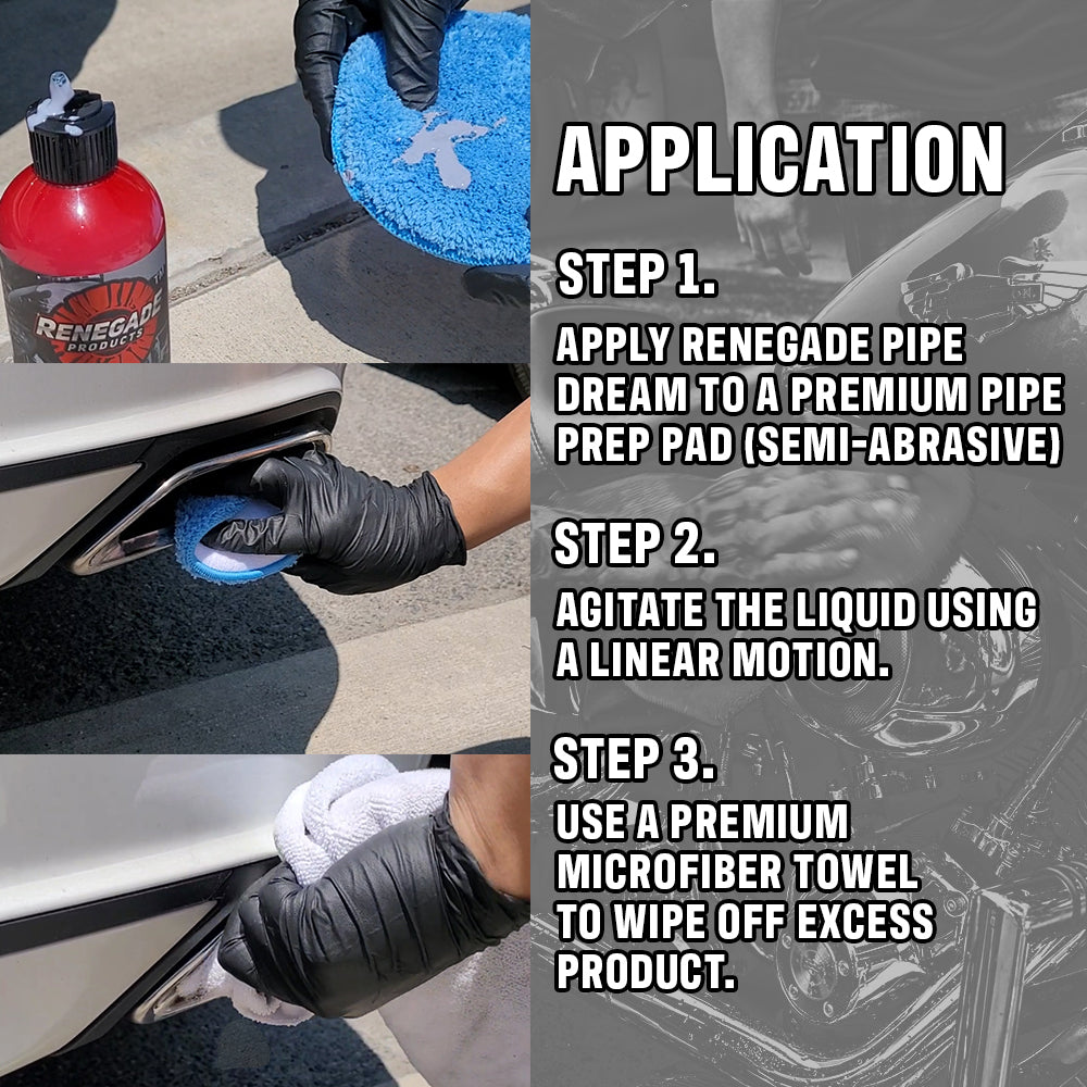 Renegade Pipe Dream Chrome Conditioner and Polish being applied to a chrome surface for restoration and shine.