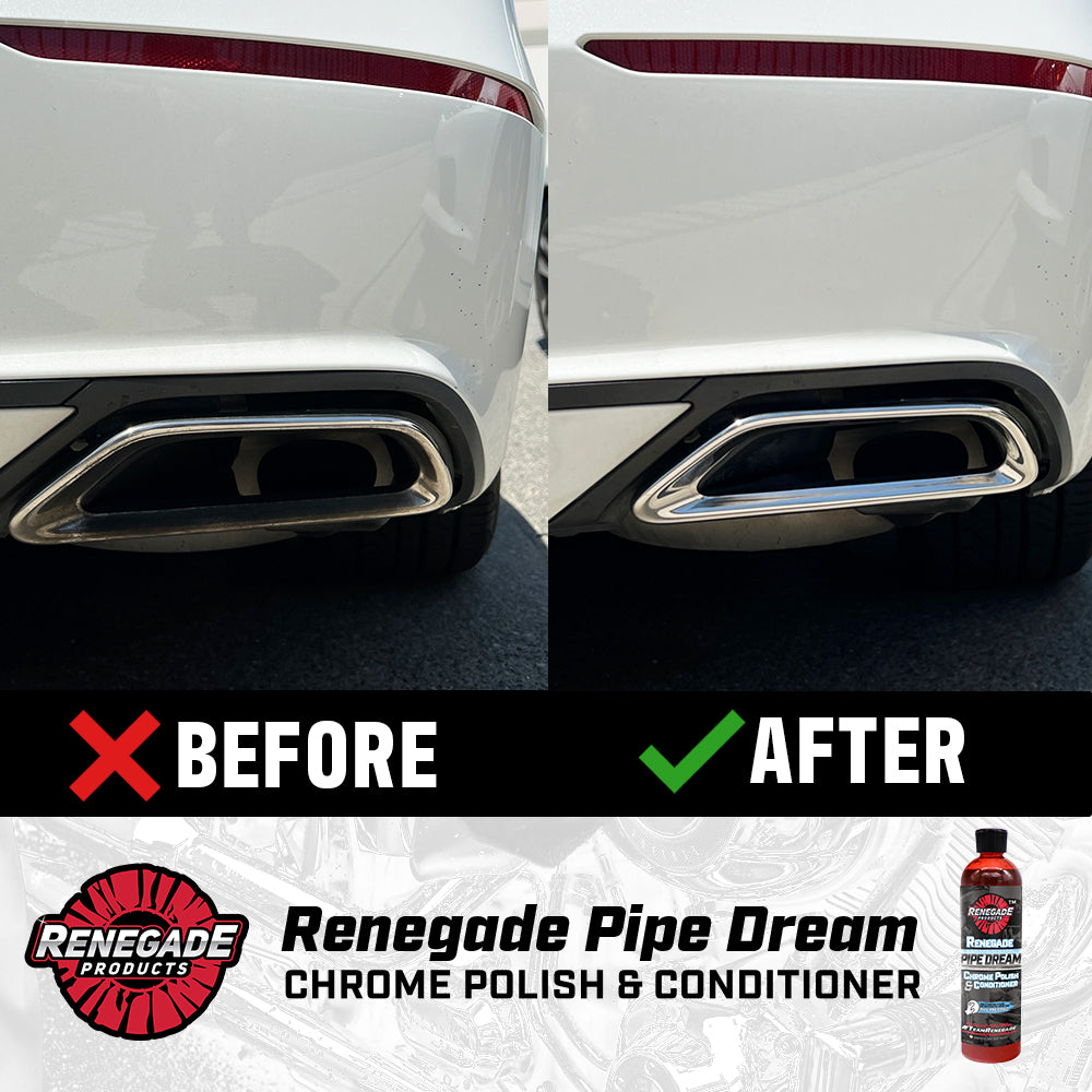 Before and after chrome polished with Renegade Pipe Dream Chrome Conditioner and Polish