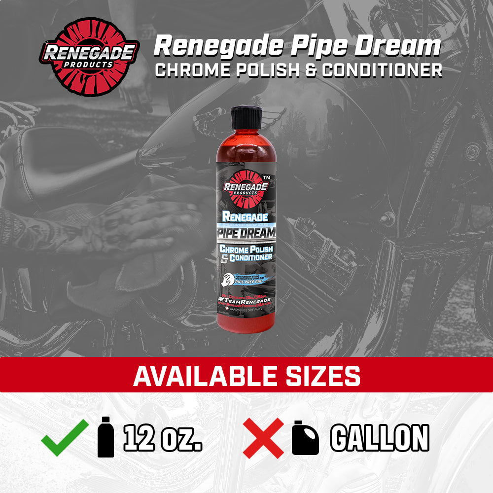 Applying Renegade Pipe Dream Chrome Conditioner and Polish to a motorcycle exhaust for enhanced shine and protection.