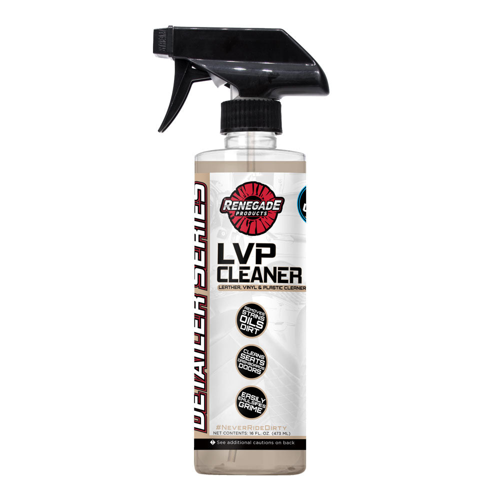 Bottle of Renegade LVP Leather, Vinyl, & Plastic Cleaner with microfiber towel and brush.