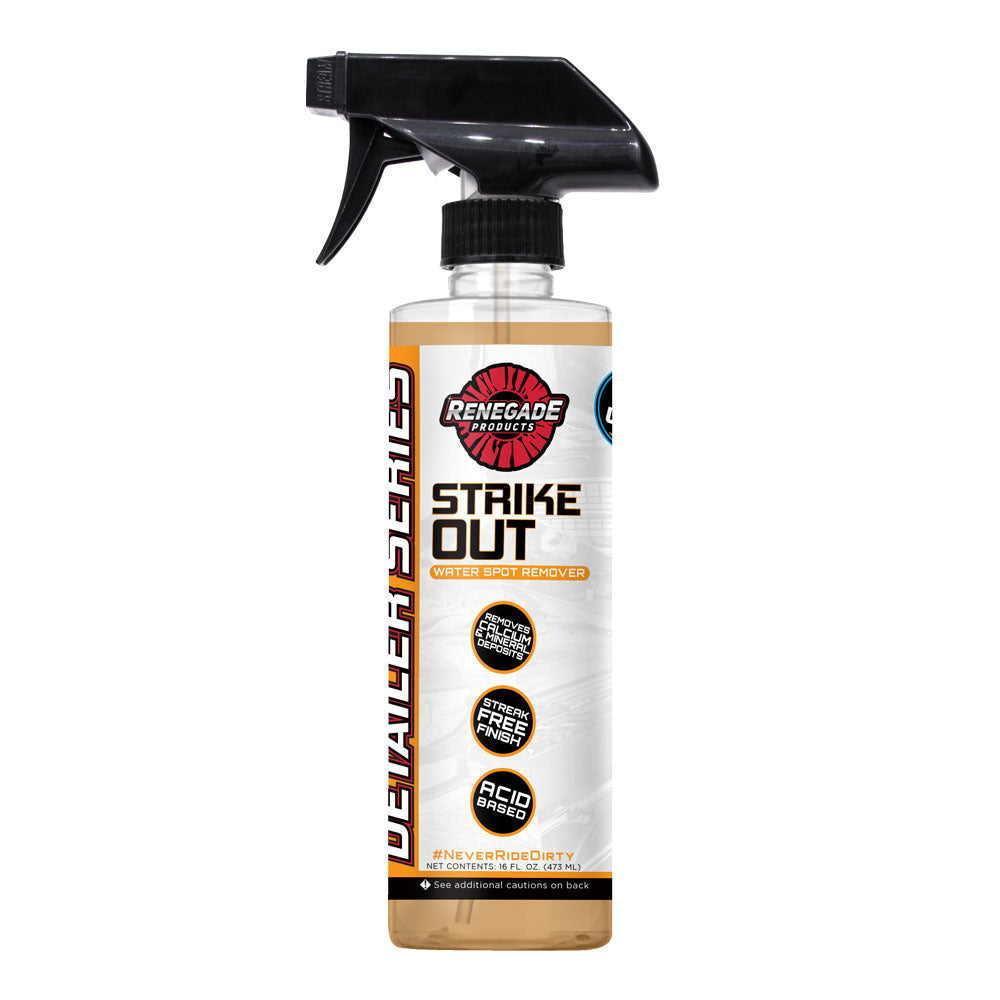 16 oz bottle of Strike Out Water Spot Remover for removing hard water marks and mineral deposits from vehicle surfaces.