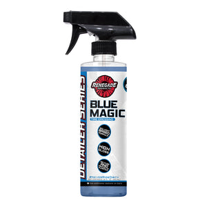 Blue Magic Tire Dressing bottle next to a shiny, freshly treated car tire, showcasing its glossy finish.