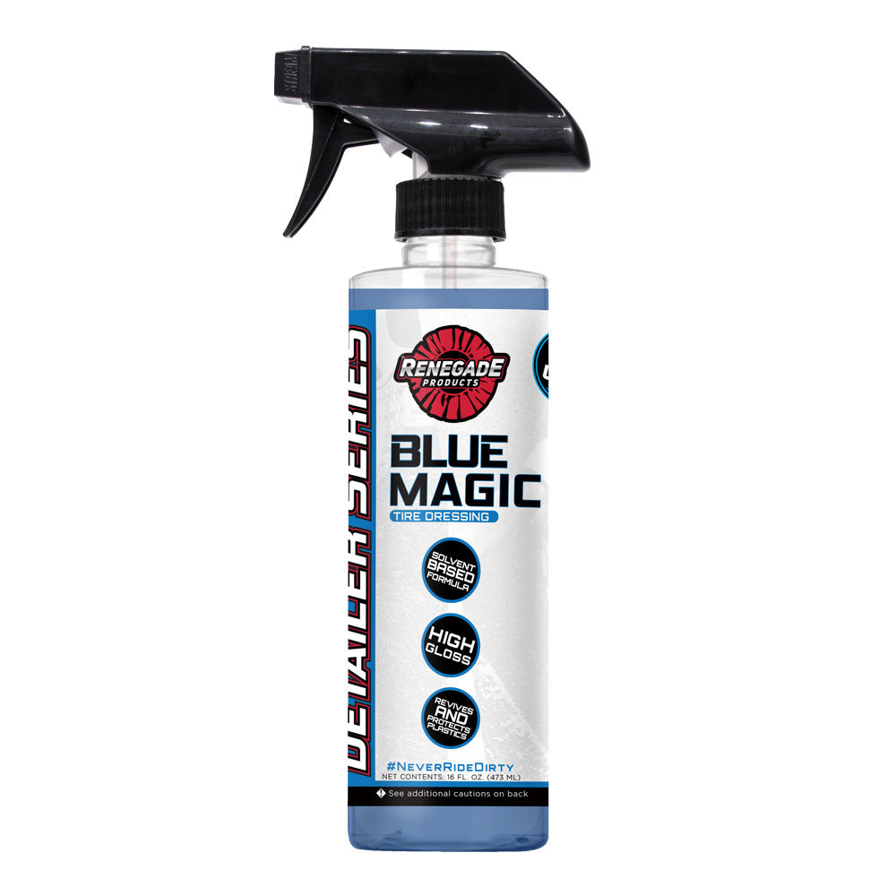 16 oz bottle of Renegade Products USA Blue Magic Tire Dressing, displayed against a neutral background. The bottle contains a specially formulated dressing designed to restore and protect tires, giving them a deep, rich shine and a like-new appearance.