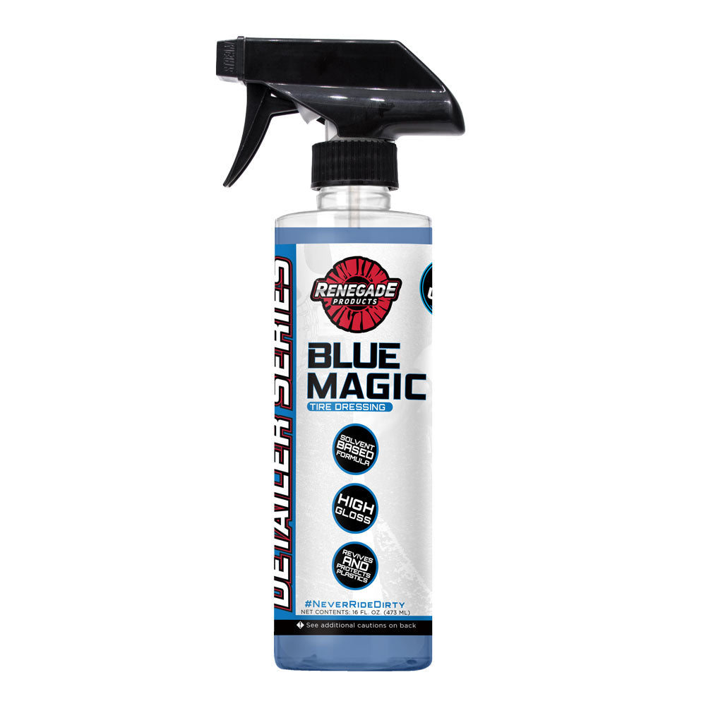 Alt text: Blue Magic Tire Dressing bottle next to a shiny, freshly treated car tire, showcasing its glossy finish.