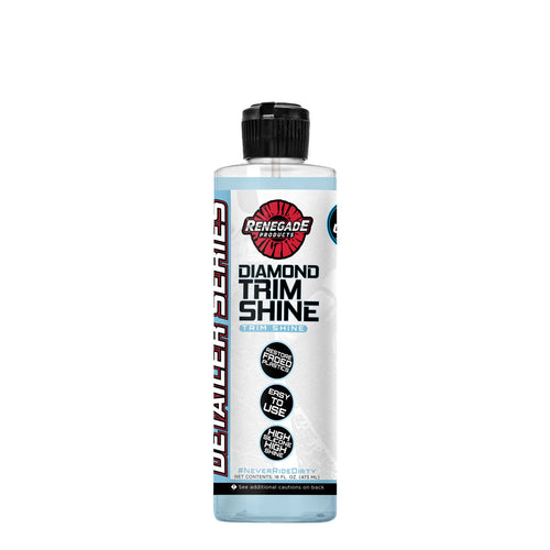 Bottle of Diamond Trim Shine Restorer for vehicle trims, showcasing its easy-to-use gel formula and enhanced features.
