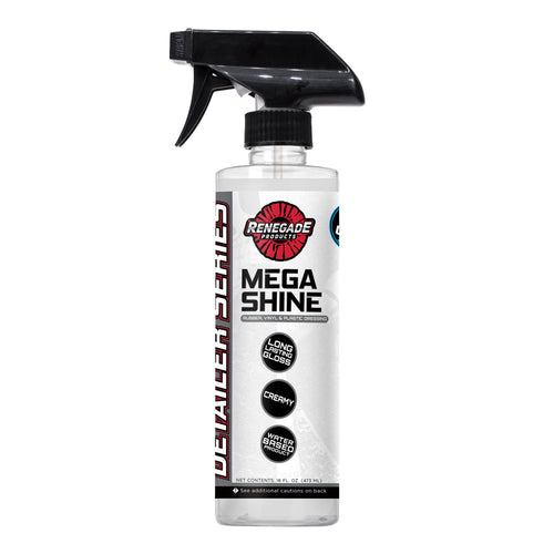 Bottle of Mega Shine Rubber, Vinyl, & Plastic Dressing with microfiber towel and tire background.
