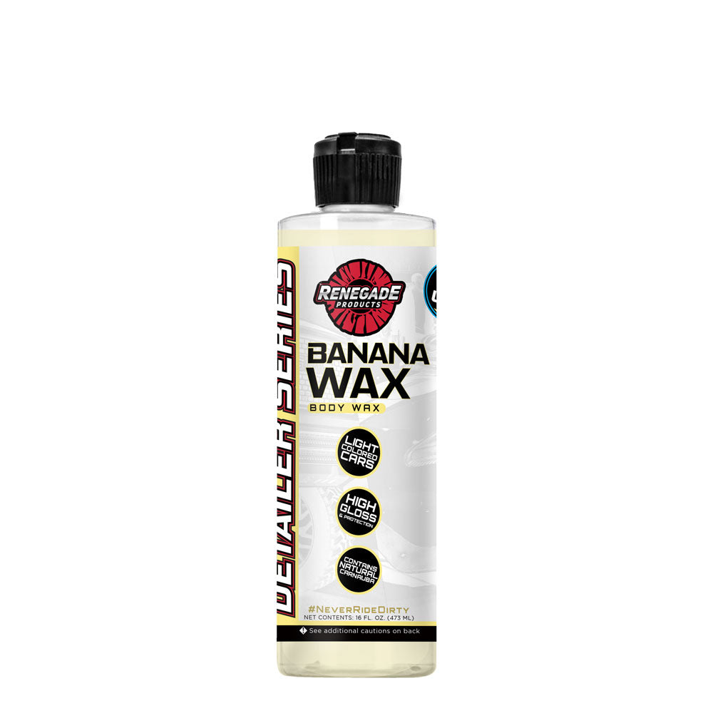 Alt text: Jar of Banana Wax Vehicle Body Wax with a microfiber applicator pad, showcasing its glossy, high-shine finish on a car.