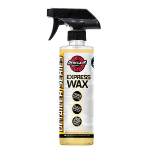 Bottle of Renegade Detailer Series Express Wax Final Finish Sealer with microfiber pads and towel.