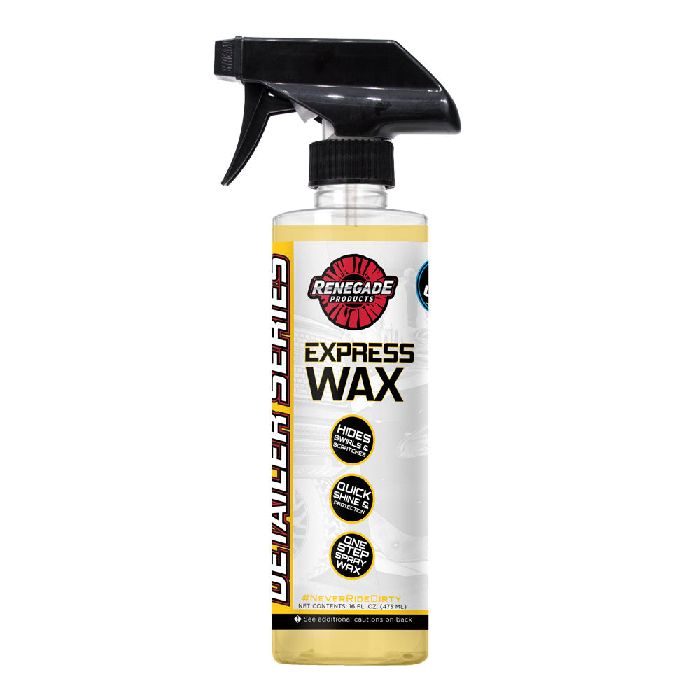 Alt text: Bottle of Renegade Detailer Series Express Wax Final Finish Sealer with microfiber pads and towel.