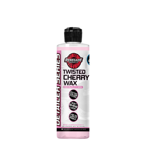 Bottle of Twisted Cherry Wax with red color and cherry scent for enhancing vehicle shine and protection.