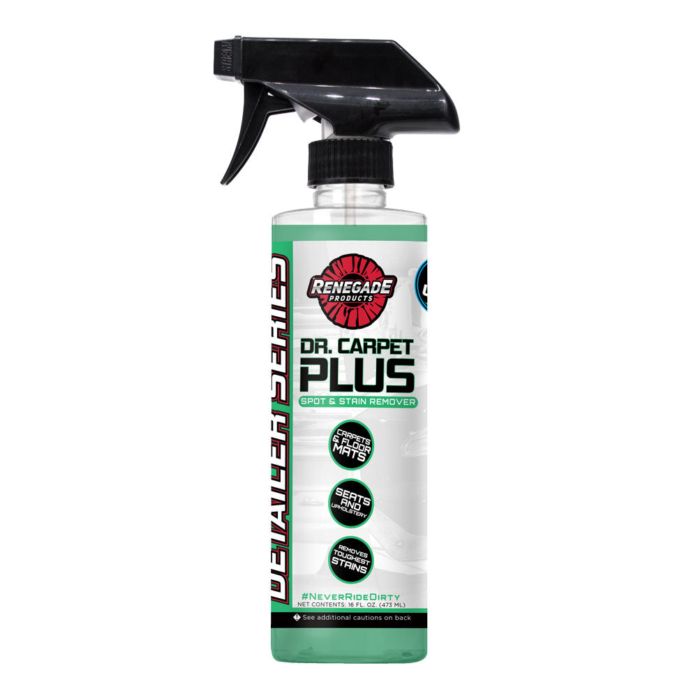 Alt text: Dr. Carpet Plus Spot & Stain Remover bottle designed to clean vehicle interiors, effective on various fabrics.