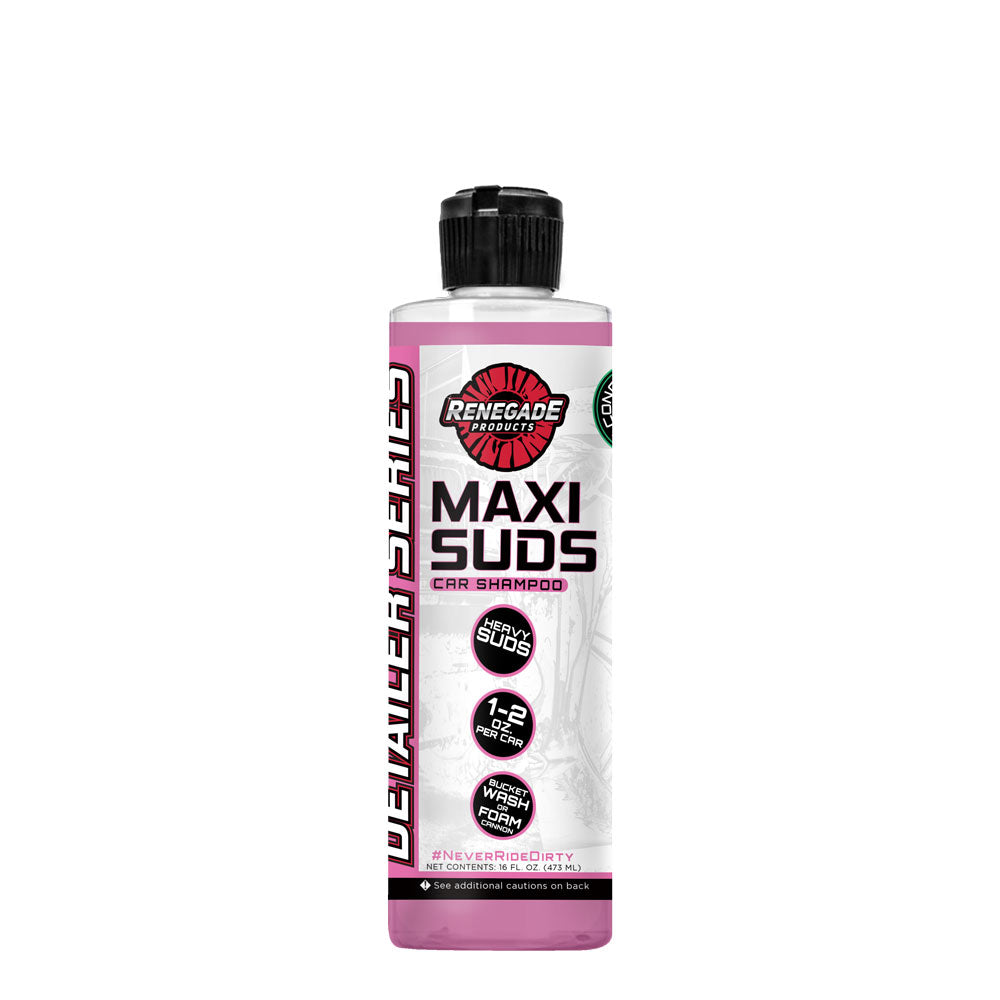 Alt text: Bottle of Maxi Suds Car Shampoo with links to accessories like foam cannons and microfiber towels for effective car cleaning.