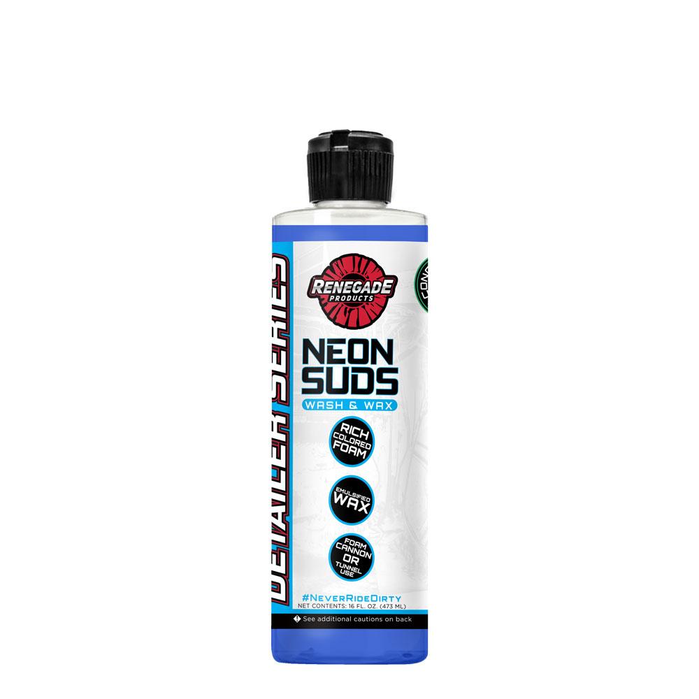 Neon Suds Colored Wash & Wax in red, blue, green, and yellow for vibrant foam cannon output and enhanced gloss.
