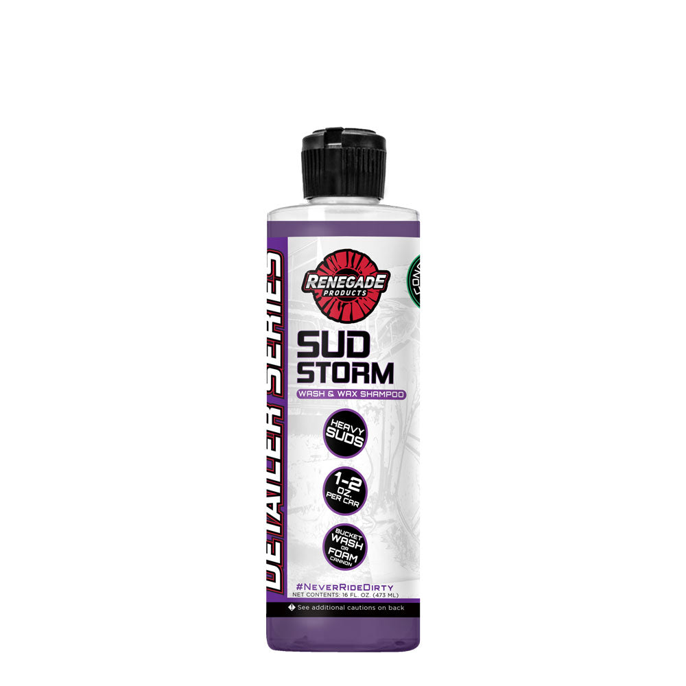 Bottle of Sud Storm Wash, Wax, & Shampoo with high-foaming car soap formula and carnauba wax for enhanced shine.