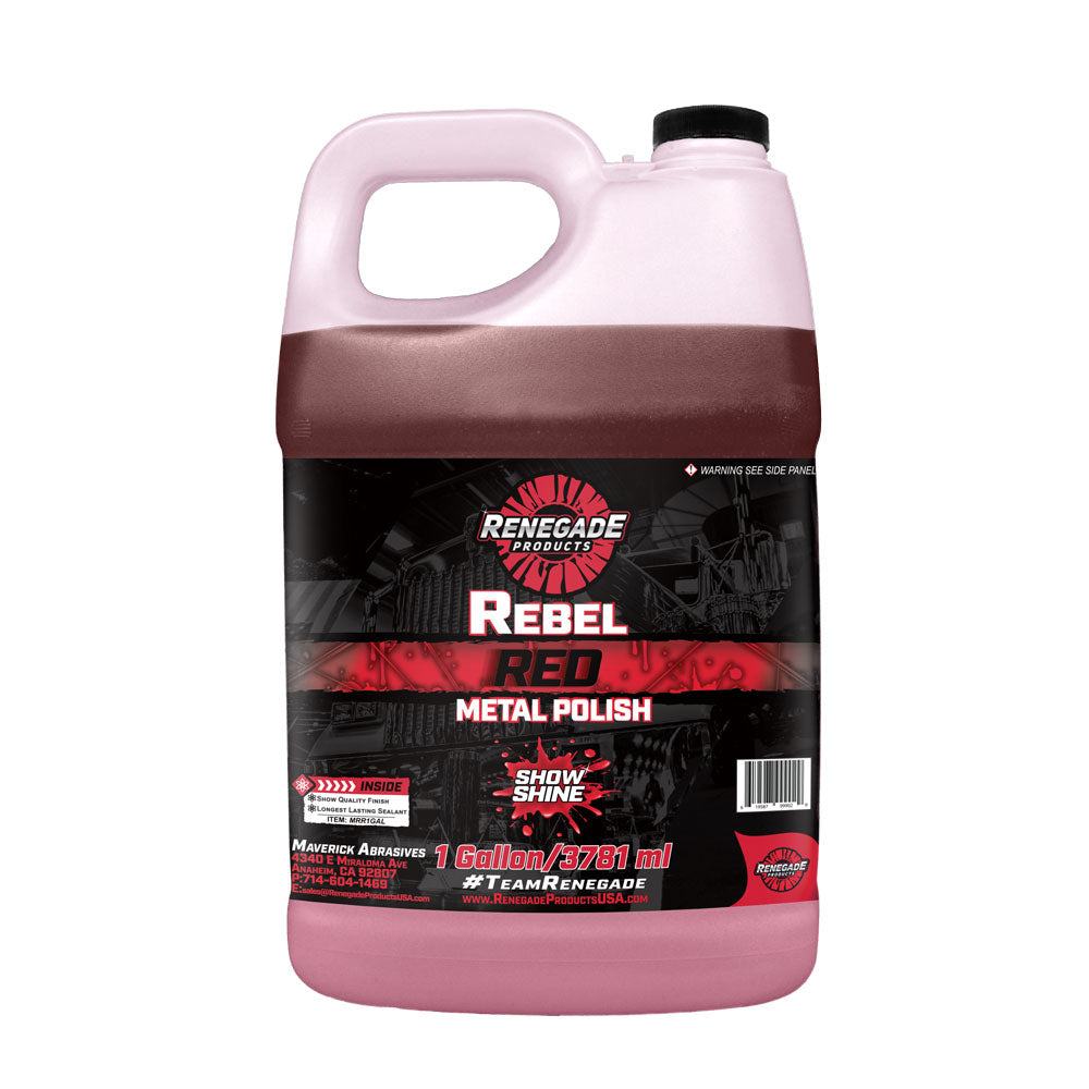 Bottle of Renegade Red Show Shine Liquid Metal Polish for aluminum and stainless steel surfaces.