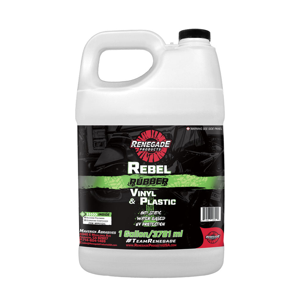 Bottle of Renegade Rubber, Vinyl, &amp; Plastic Conditioner with logo, used for vehicle surface care.