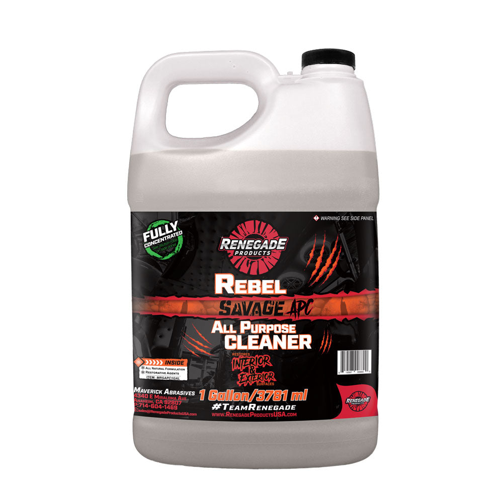 Renegade Savage APC bottle, an effective all-purpose cleaner for vehicle interiors and exteriors, displayed with usage instructions.